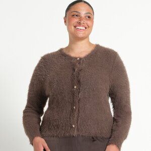 NWT Estelle Camille Crew Cardi Mocha Fluffy Eyelash Knit Button Cardigan Plus Si